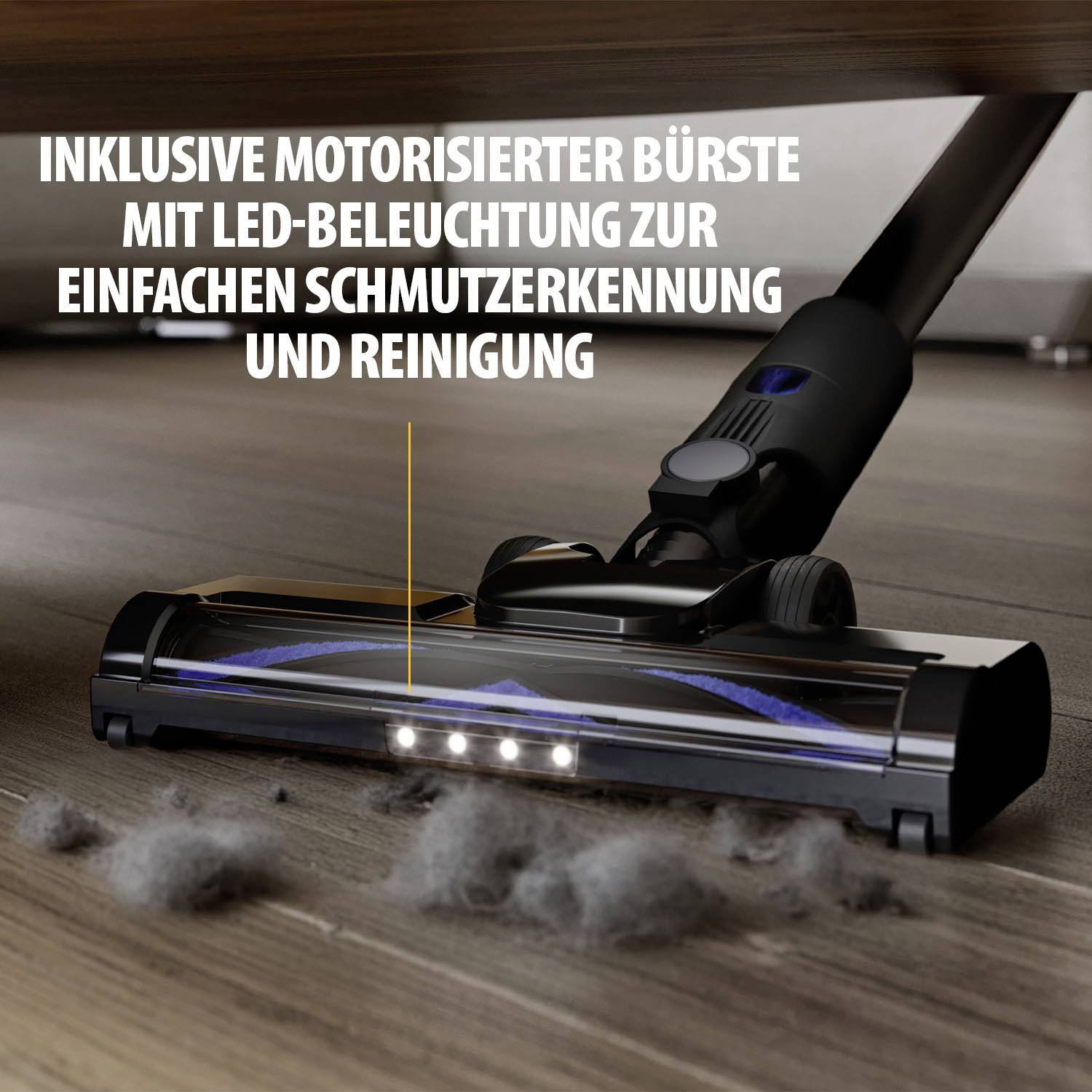 Hubice vysavače s LED osvětlením pro snadné vysávání nečistot. Text: 'Včetně motorové hubice s LED osvětlením pro snadnou detekci a úklid nečistot'.