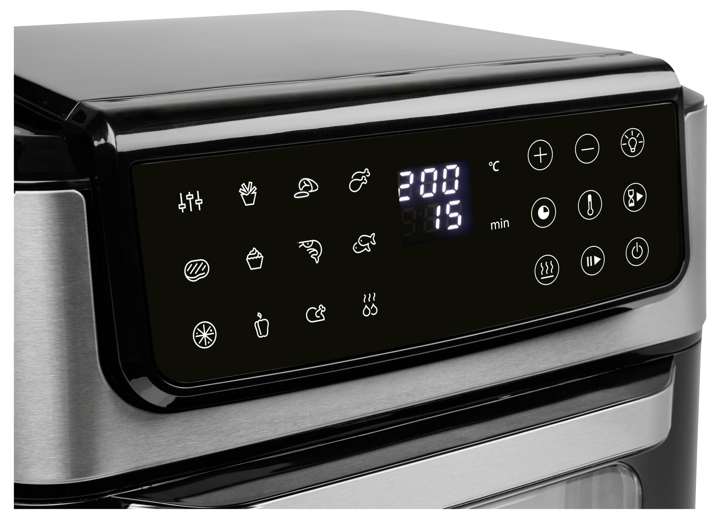 Digitální trouba s ovládacím panelem. Display ukazuje '200 °C' a '15 min'. Jsou viditelné symboly pro různé varné funkce.