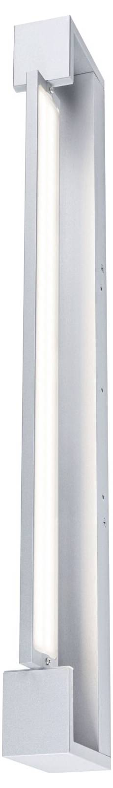 Štíhlá stříbrná nástěnná lampa s obdélníkovým designem a integrovaným světelným pruhem. Vhodná pro moderní interiéry.