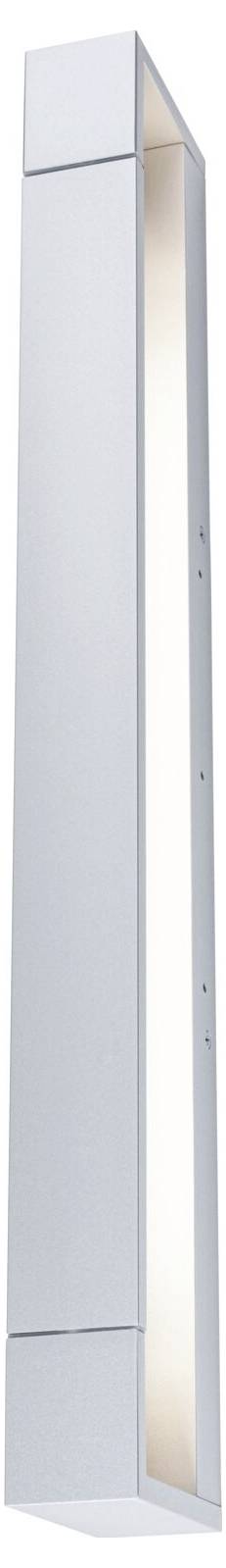 Moderní nástěnná lampa s vertikálním profilem, obdélníkovým tvarem a stříbrným tělem. Vyzařuje teplé, rozptýlené světlo.