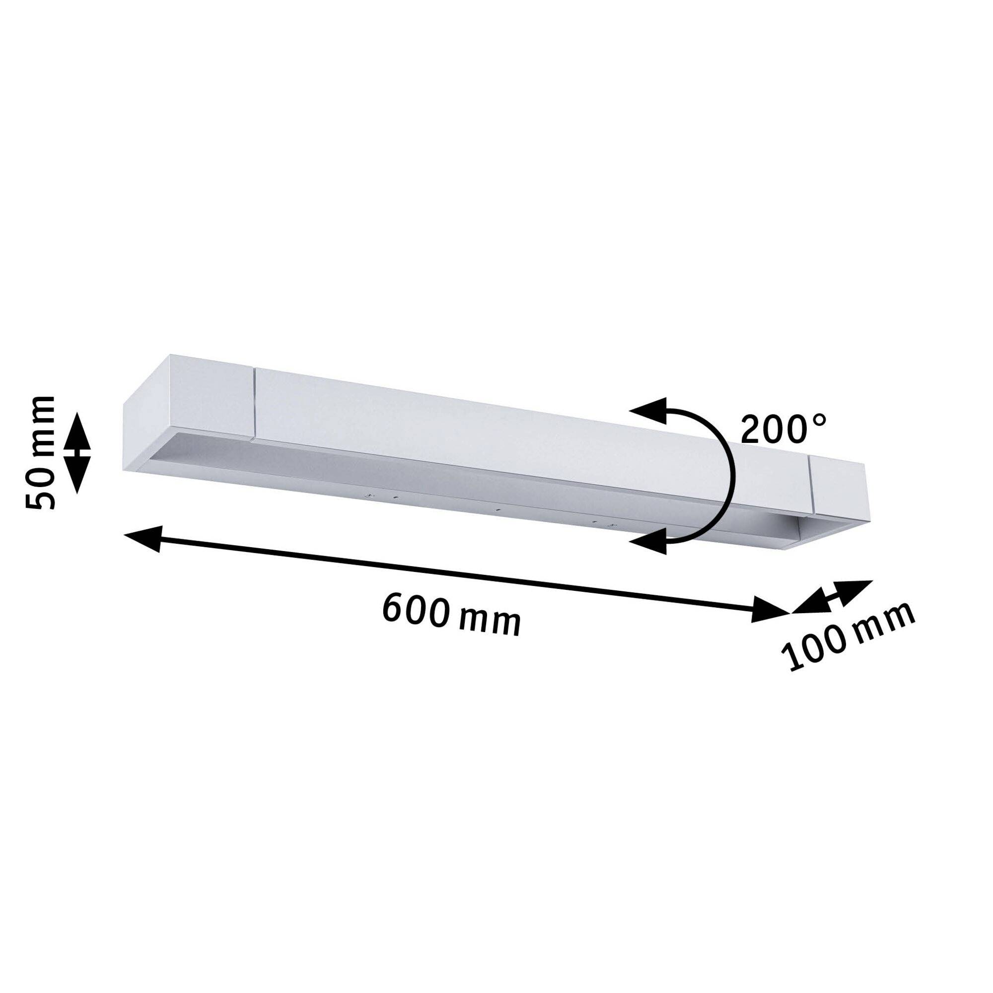 Obdélníkový kryt zařízení s lineárním pohybem o délce 600 mm, šířce 100 mm, výšce 50 mm a úhlu otočení 200°.