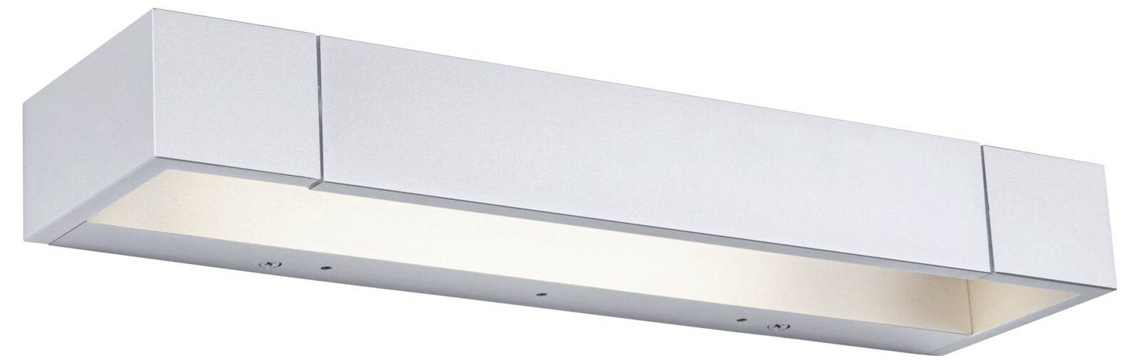Obdélníkové stropní svítidlo s minimalistickým designem, stříbrné tělo, vyzařující teplé světlo, vhodné do moderních interiérů.