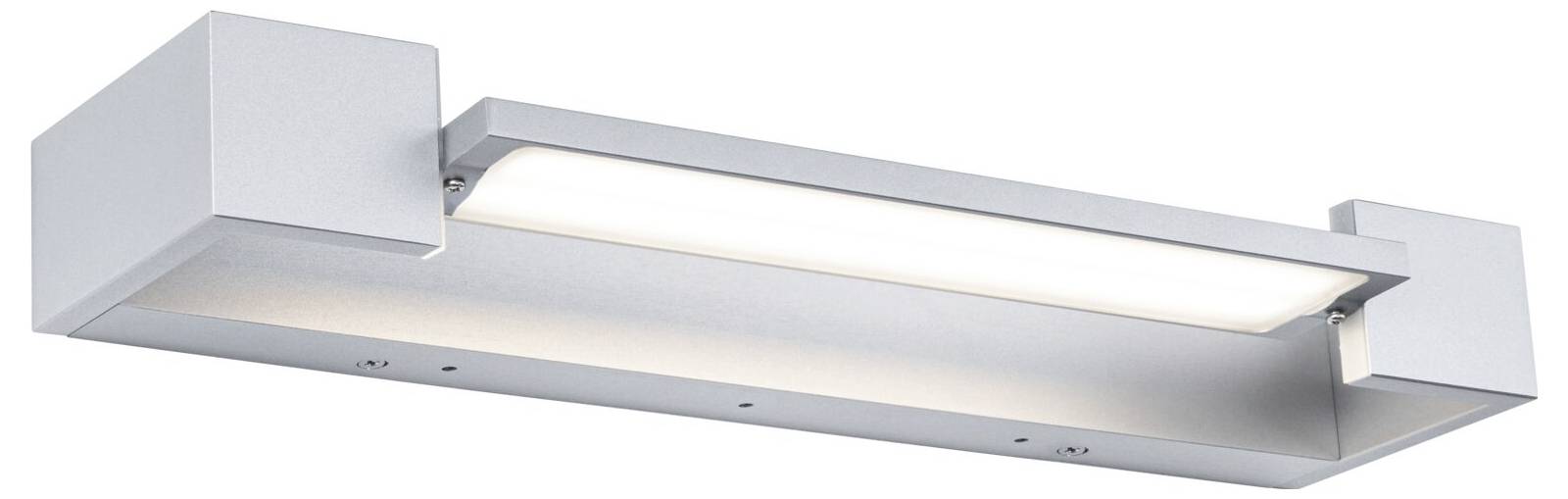 Stříbrná LED nástěnná lampa s obdélníkovým designem, vhodná do moderních interiérů.