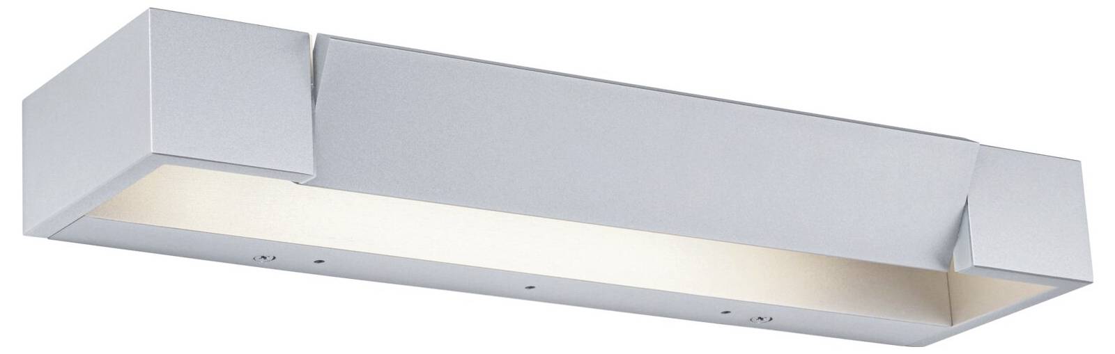 Stříbrná, minimalistická nástěnná lampa s obdélníkovým designem a měkkým světelným tokem směřujícím dolů.