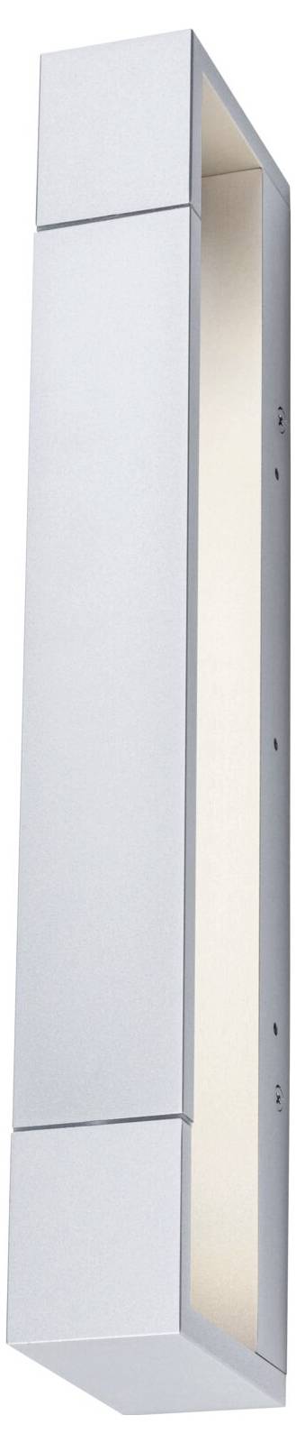 Stříbrná, obdélníková nástěnná lampa s elegantním, moderním designem. Světlo vyzařuje ze zadní strany. Ideální pro venkovní i vnitřní osvětlení.