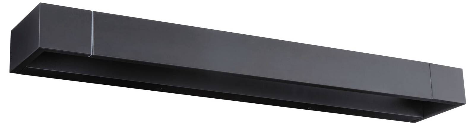 Černá, obdélníková ventilační mřížka vhodná do moderních kuchyní nebo větracích systémů, vykazuje hladký, minimalistický design.