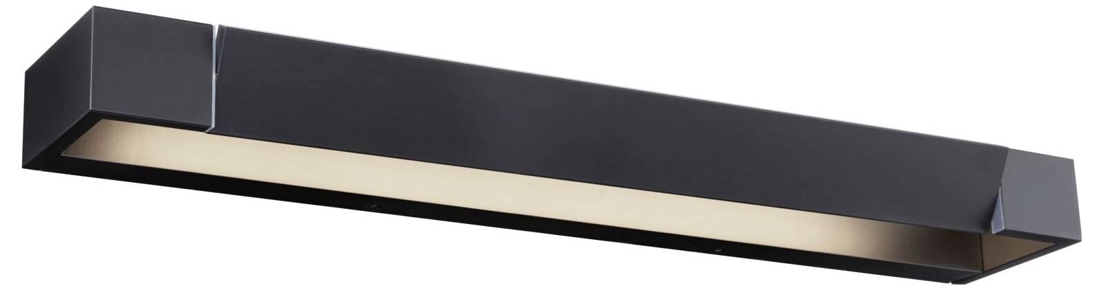 Černé nástěnné svítidlo obdélníkového tvaru, s minimalistickým designem, vhodné do moderních interiérů.
