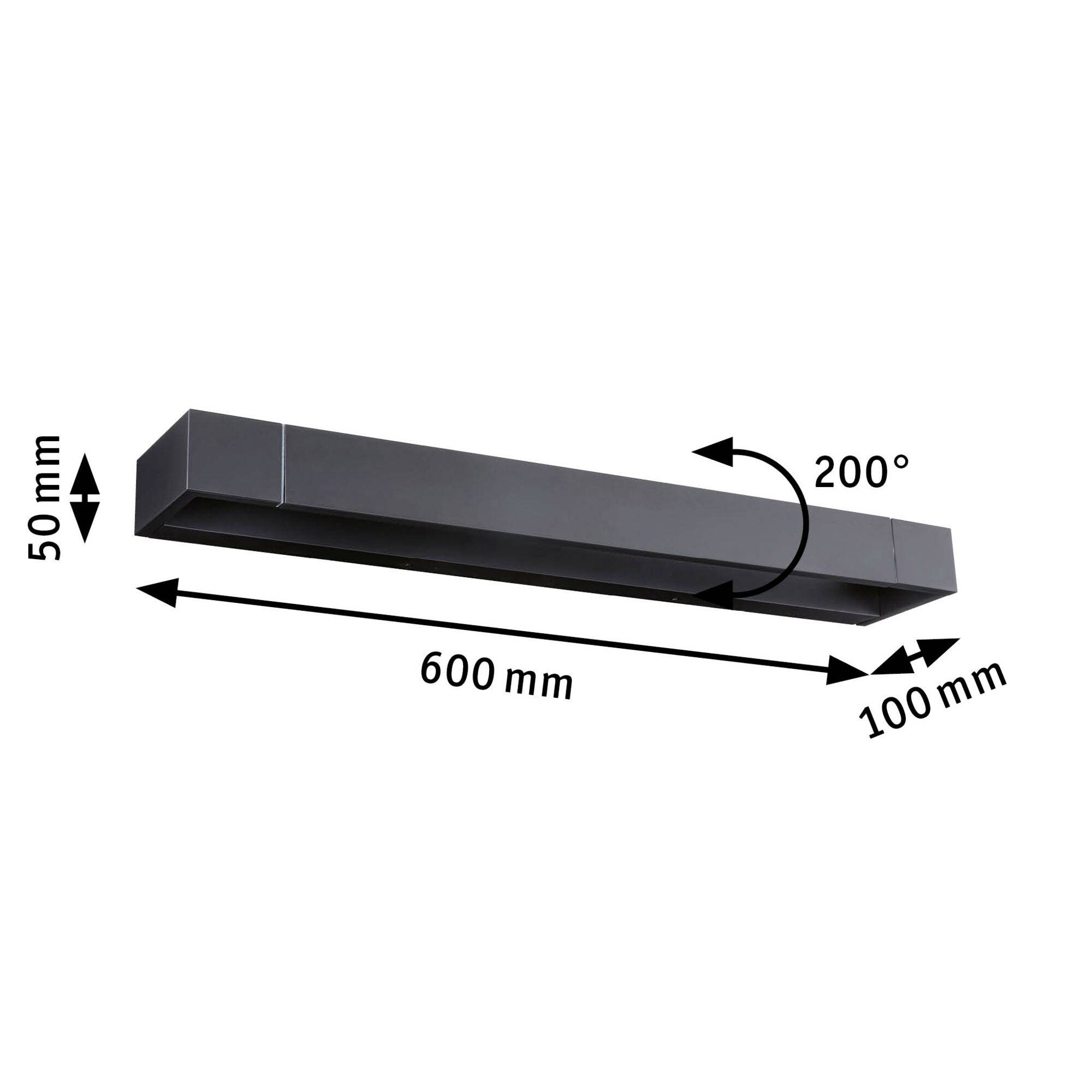 Černé LED nástěnné svítidlo s rozměry 600 mm x 100 mm x 50 mm, s nastavitelným úhlem otočení 200°.