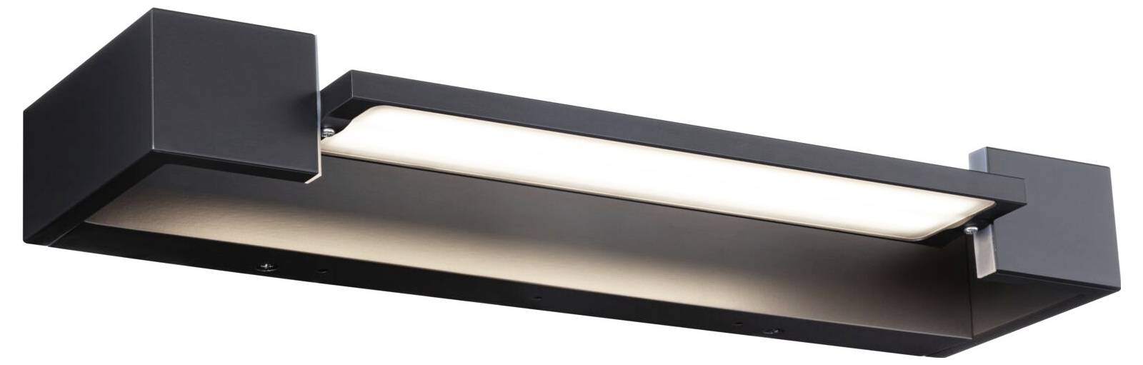 Černé moderní nástěnné svítidlo s pravoúhlým, minimalistickým designem a integrovaným LED osvětlením směřujícím dolů.