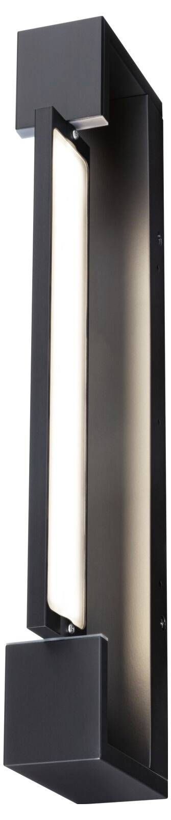 Černá nástěnná lampa s pravoúhlým designem a centrálním, protáhlým osvětlovacím prvkem.