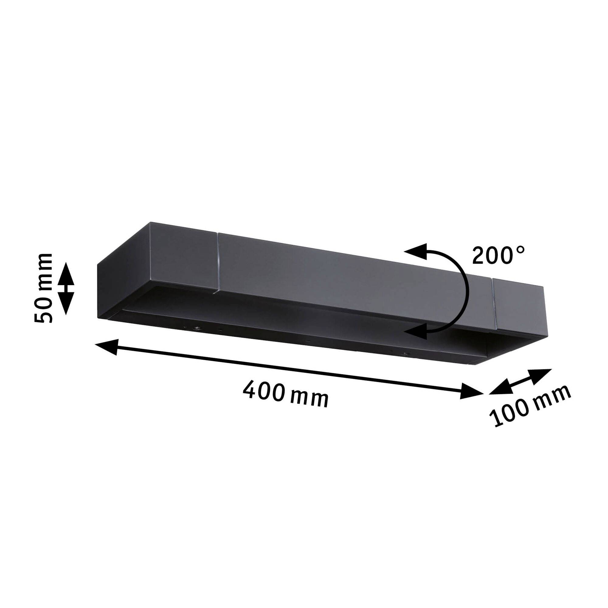 Černá nástěnná lampa o rozměrech 400 mm x 100 mm x 50 mm s osvětlením otočným o 200 stupňů.