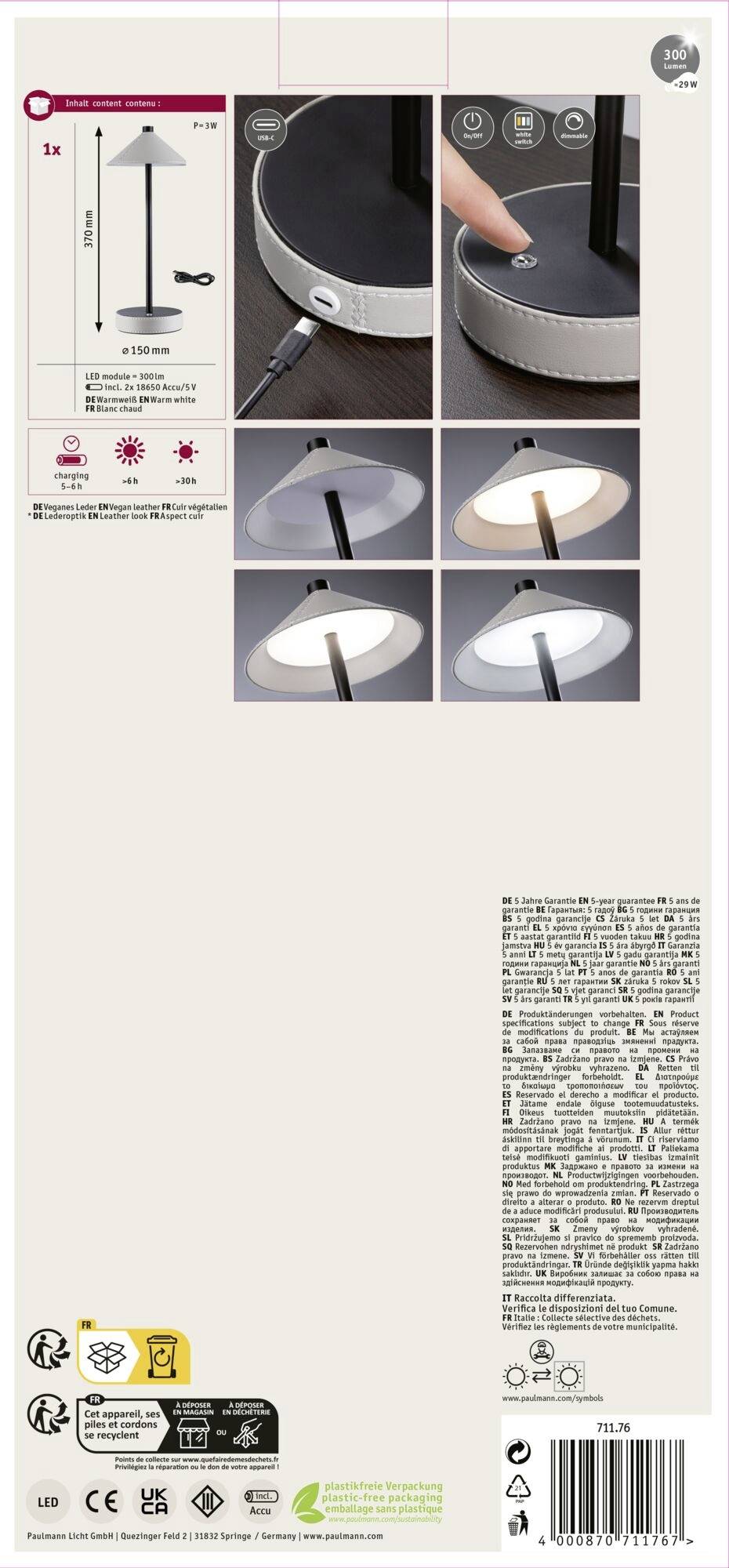 Návod na stolní lampu s dotykovým ovládáním. Zobrazuje rozměry, ovládací prvky a možnosti barev světla - teplé, neutrální, studené.