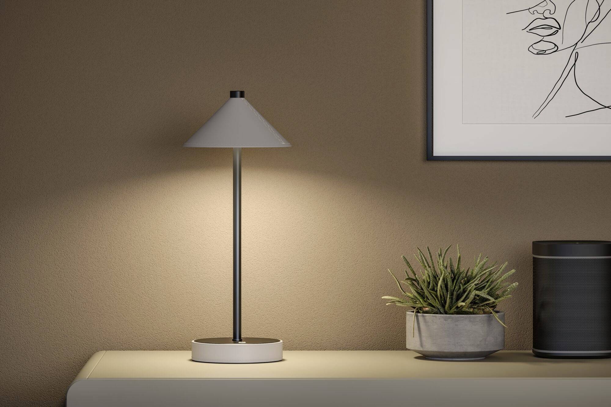 Stolní lampa jemně svítí na stole vedle malého květináče. Na stěně visí lineární umělecké dílo.