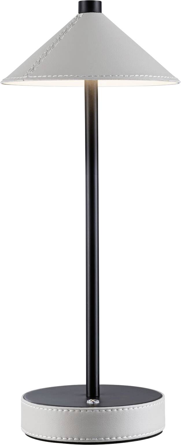 Stojací lampa s kuželovitým šedým textilním stínidlem a černou kovovou tyčí, umístěná na kulatém černém podstavci; moderní, minimalistický design.