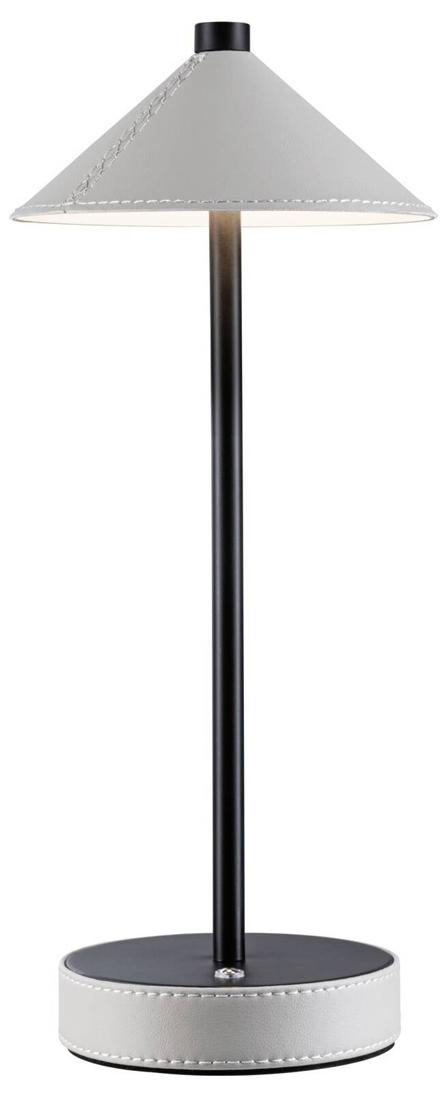 Stojací lampa s černým stojanem a šedým kuželovitým stínidlem na černém kulatém podstavci.