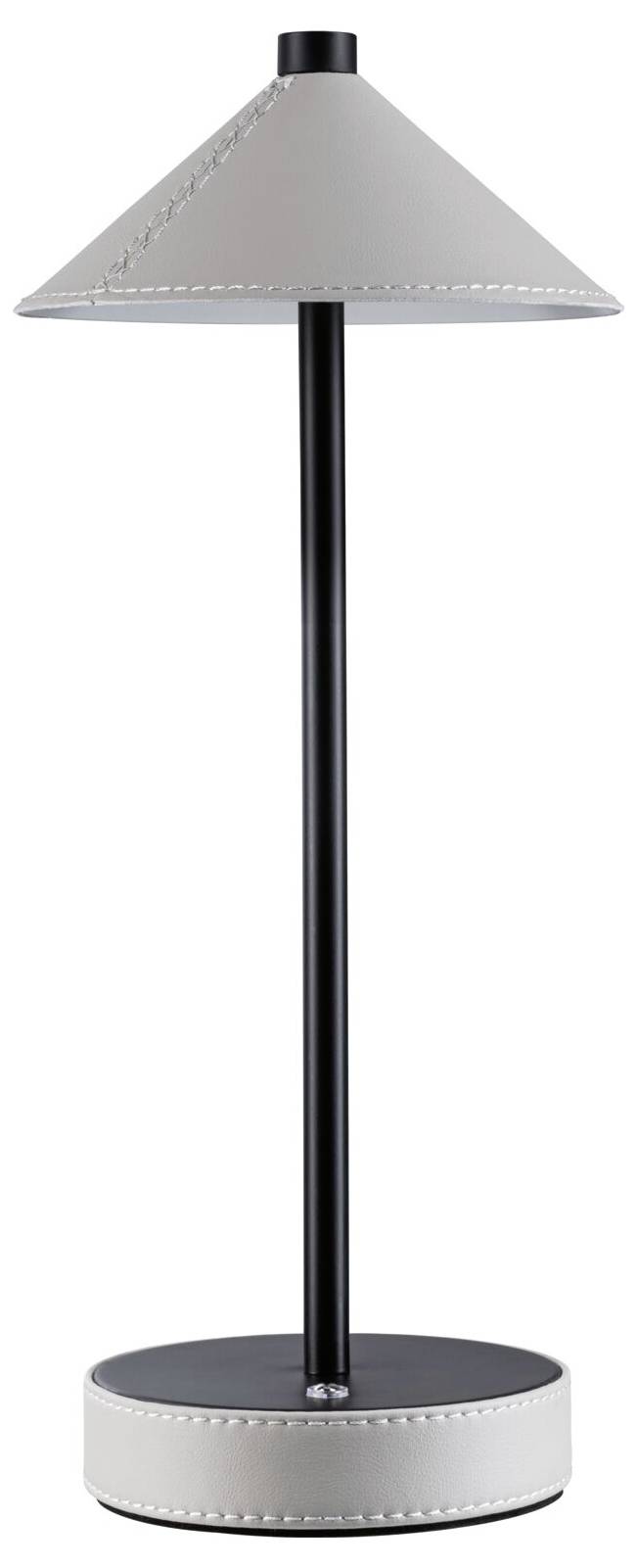 Stříbrná stolní lampa s černou podstavou a kulatou základnou. Jednoduchý, moderně minimalistický styl.