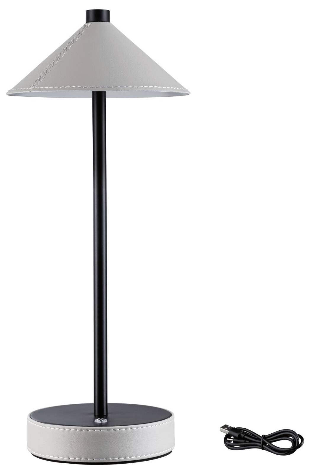 Šedá stolní lampa s kuželovitým stínidlem a černým kovovým stojanem, černošedý podstavec; přiložený USB kabel.