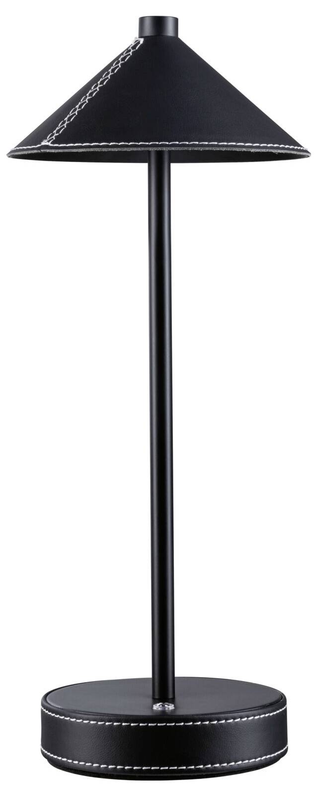 Černá stolní lampa s kuželovitým stínítkem, zdobená lemováním.