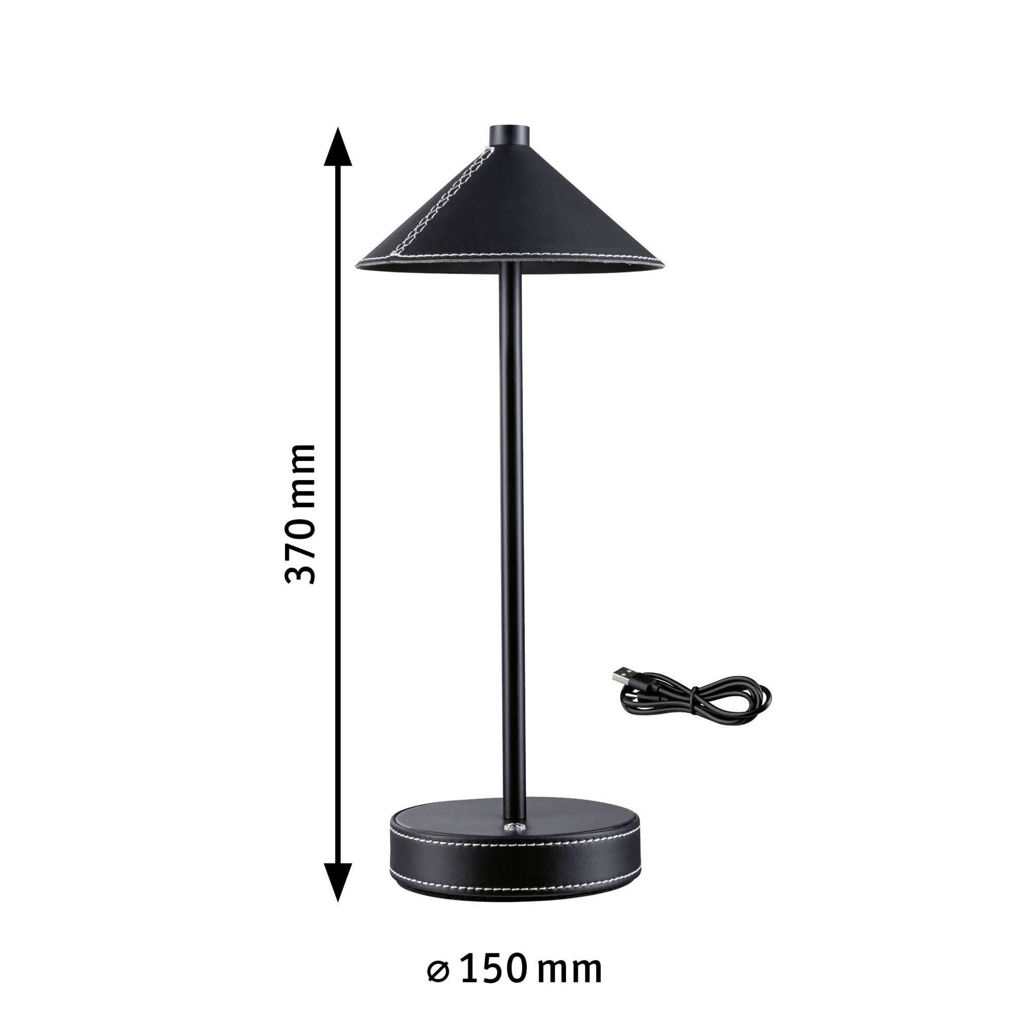 Černá stolní lampa s kuželovitým stínidlem o průměru 150 mm. Výška: 370 mm. Elektrický kabel vedle ní.