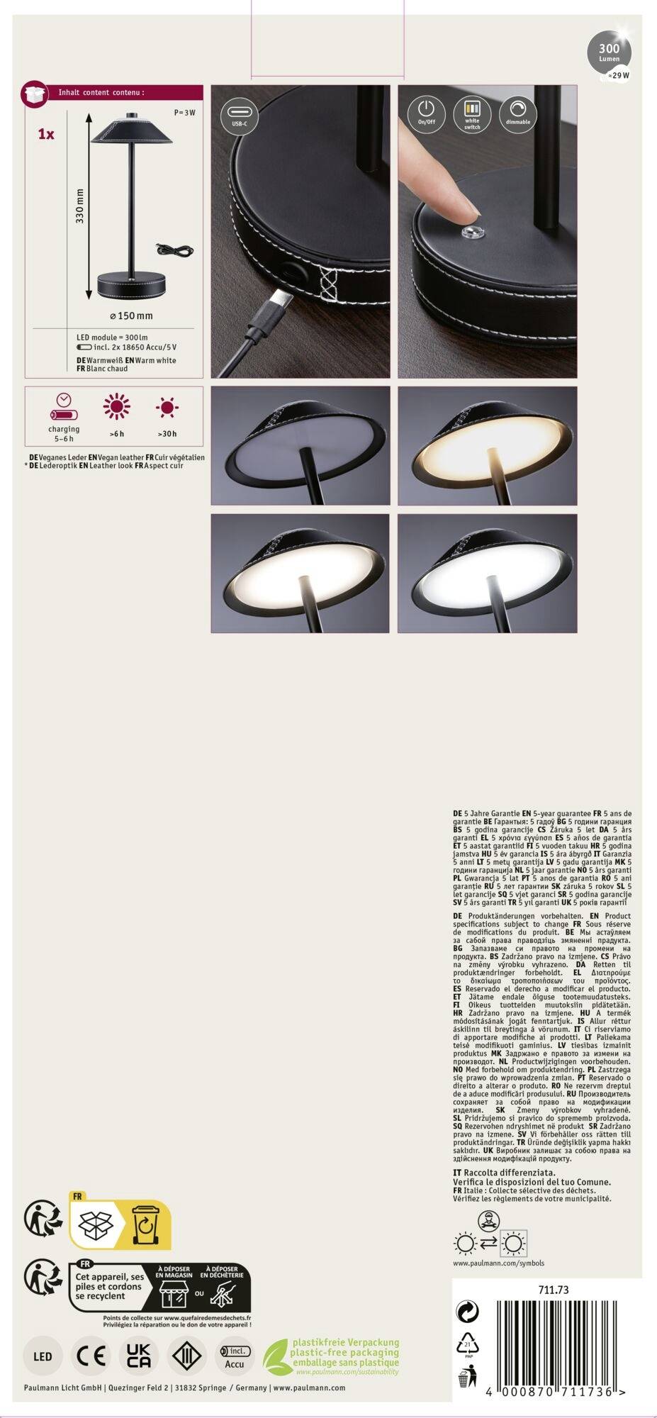 Obal produktu černé stolní lampy s dotykovým stmívačem. LED indikátor a proměnlivé osvětlení. Technické údaje a bezpečnostní pokyny níže.