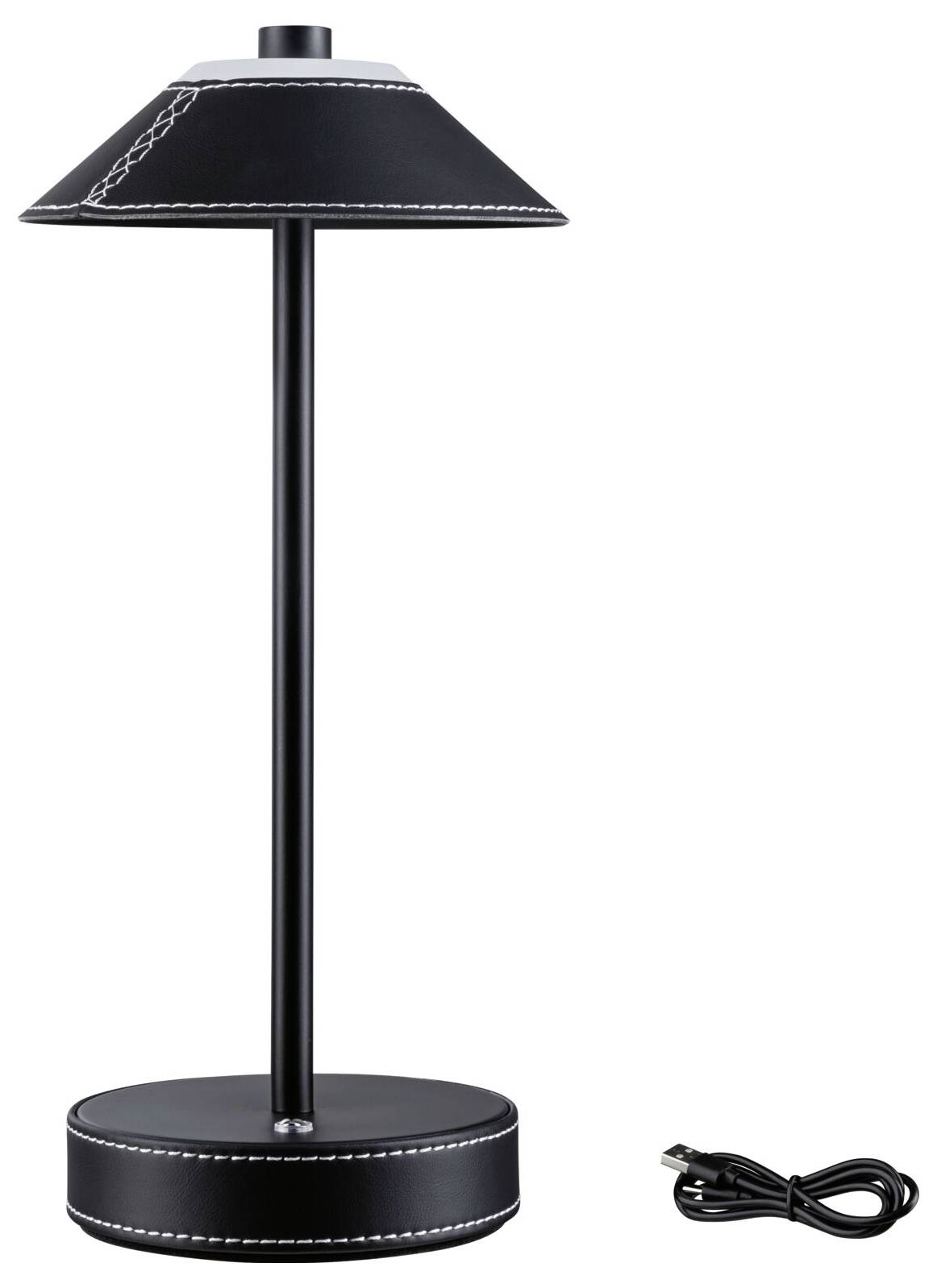 Stolní lampa s černým stínidlem a USB kabelem na bílém pozadí.
