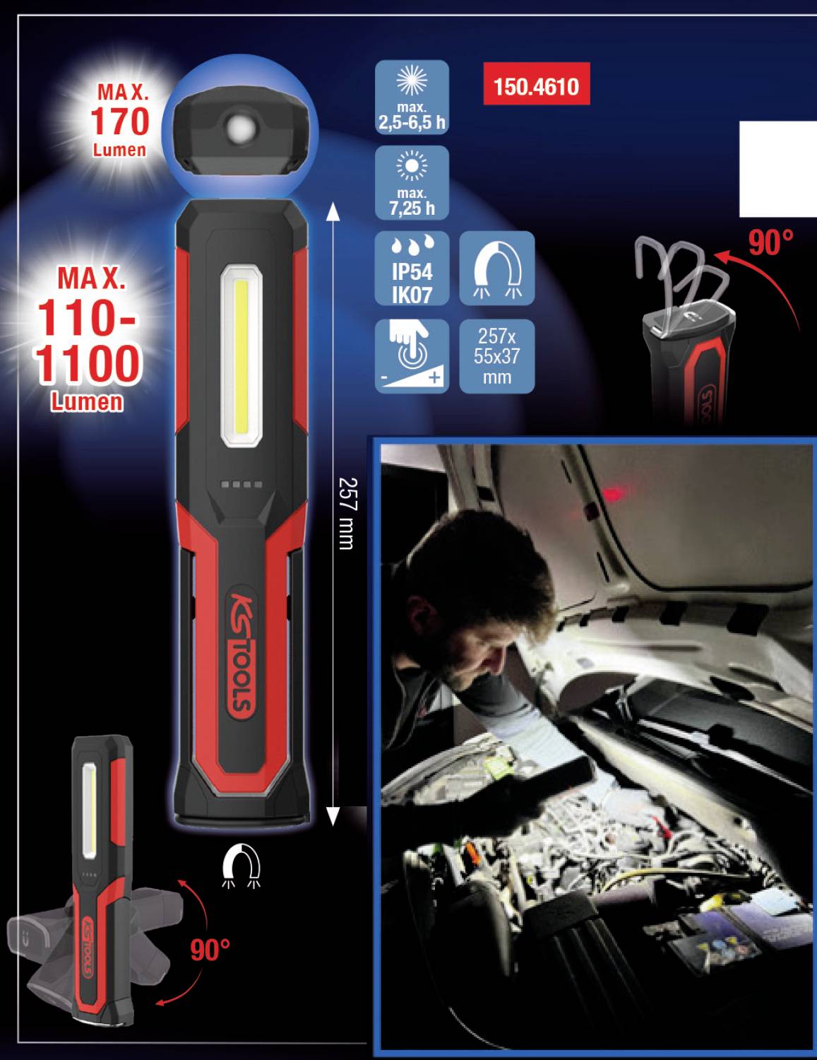KS Tools 150.4610 LED ruční svítilna, napájeno akumulátorem, 1100 lm, 7.25 h, 390 g-3