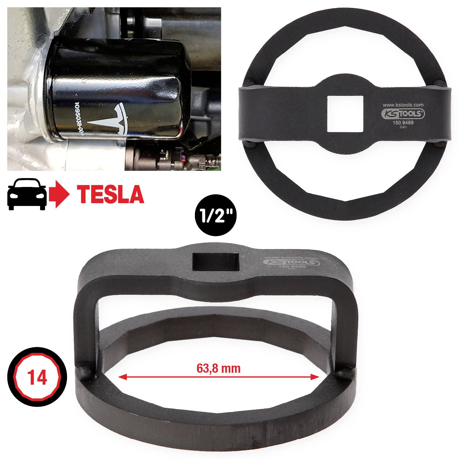 Klíč na olejový filtr pro vozidla Tesla, 1/2" čtvercový, průměr 63,8 mm. Obrázek ukazuje klíč a detail filtru.