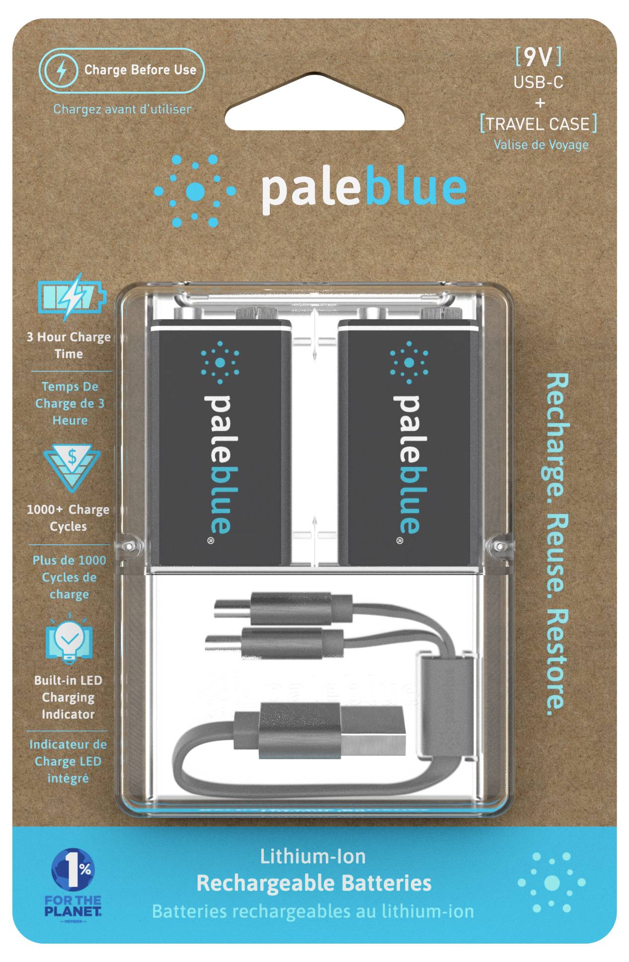 Dva nabíjecí lithium-iontové akumulátory s USB-C konektory v jednom balení. Název značky 'paleblue' je viditelný.