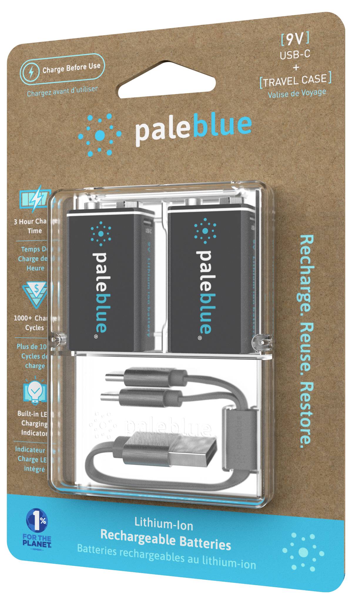 Dobíjecí 9V lithium-iontové baterie 'Paleblue' s nabíjením přes USB-C a cestovním pouzdrem. Balení obsahuje dvě baterie a nabíječku.