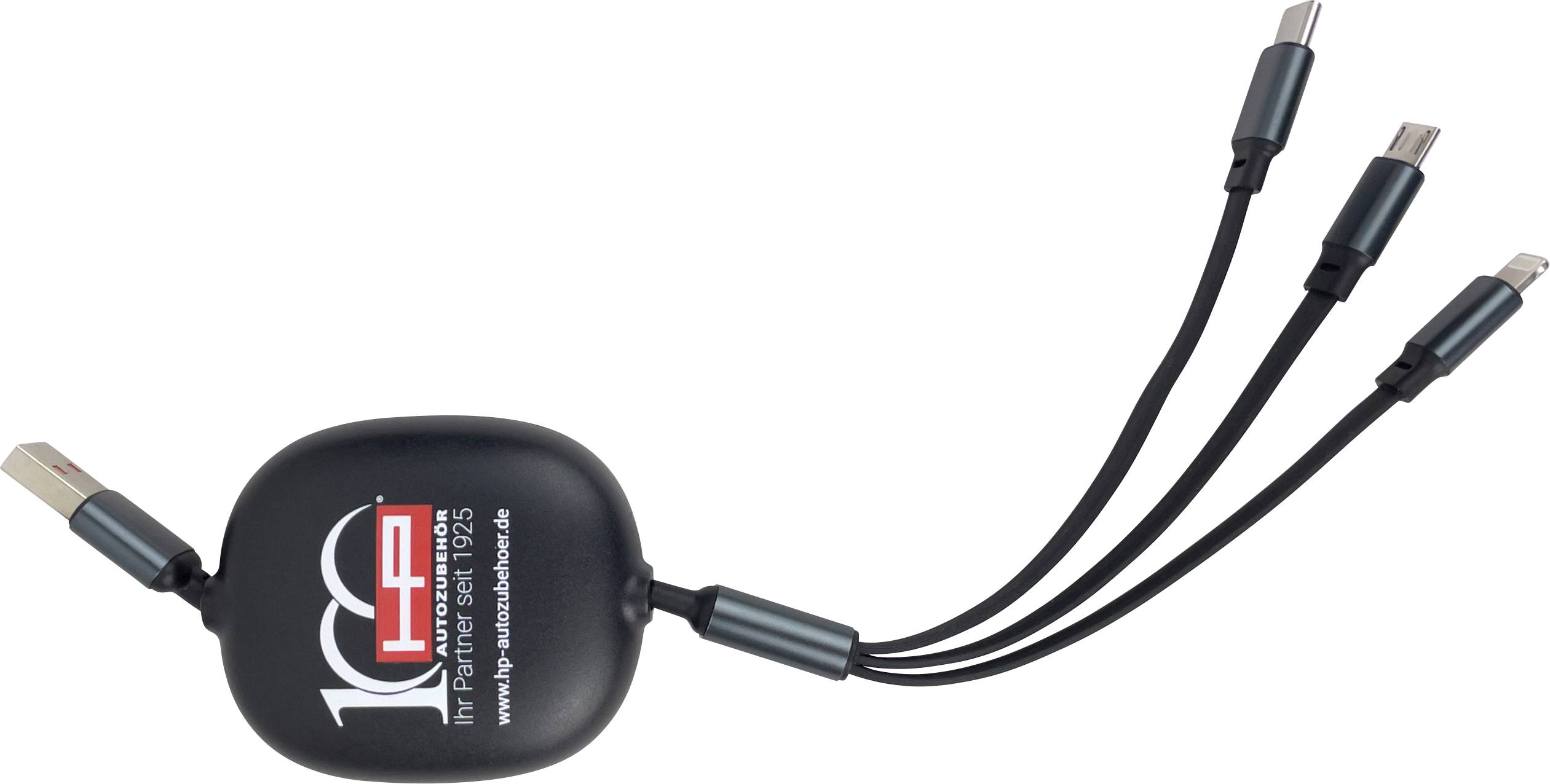 Černý USB kabel s více konektory a reklamním potiskem 'Mittelstand Pro'. Vhodný pro různé typy zařízení.
