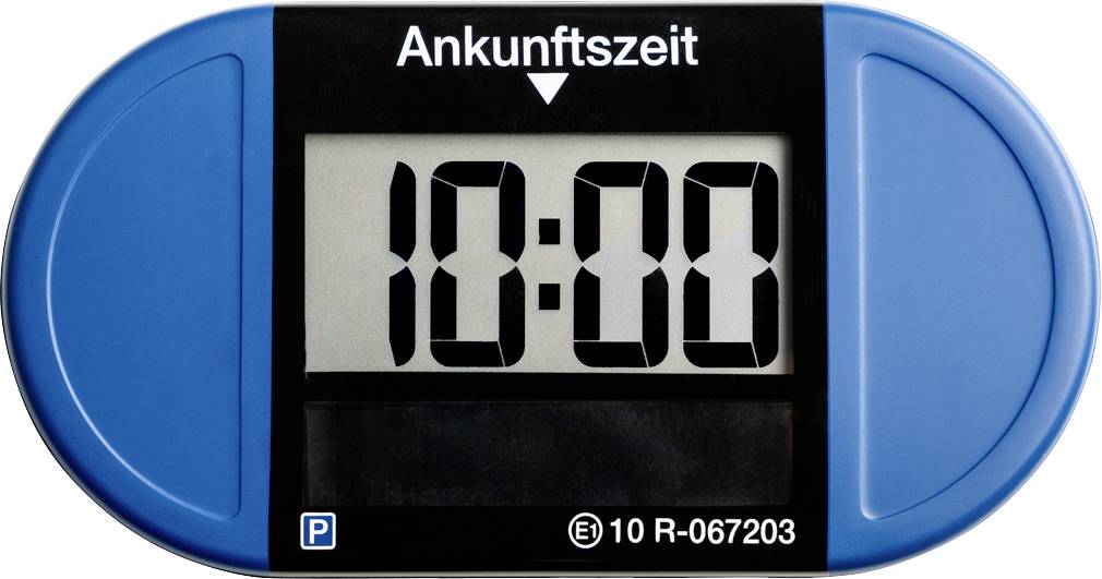 Digitální modrý parkovací kotouč ukazuje čas příjezdu '10:00'.