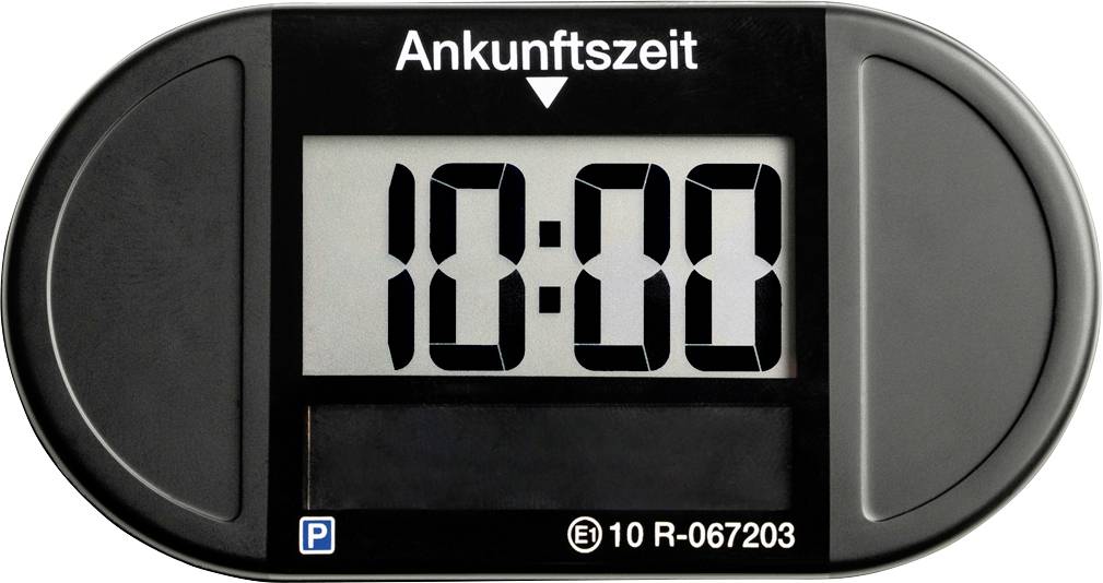 Digitální parkovací hodiny s nápisem 'Čas příjezdu' ukazují 10:00. Dole vpravo: '10 R-067203'. Parkovací symbol vlevo dole.