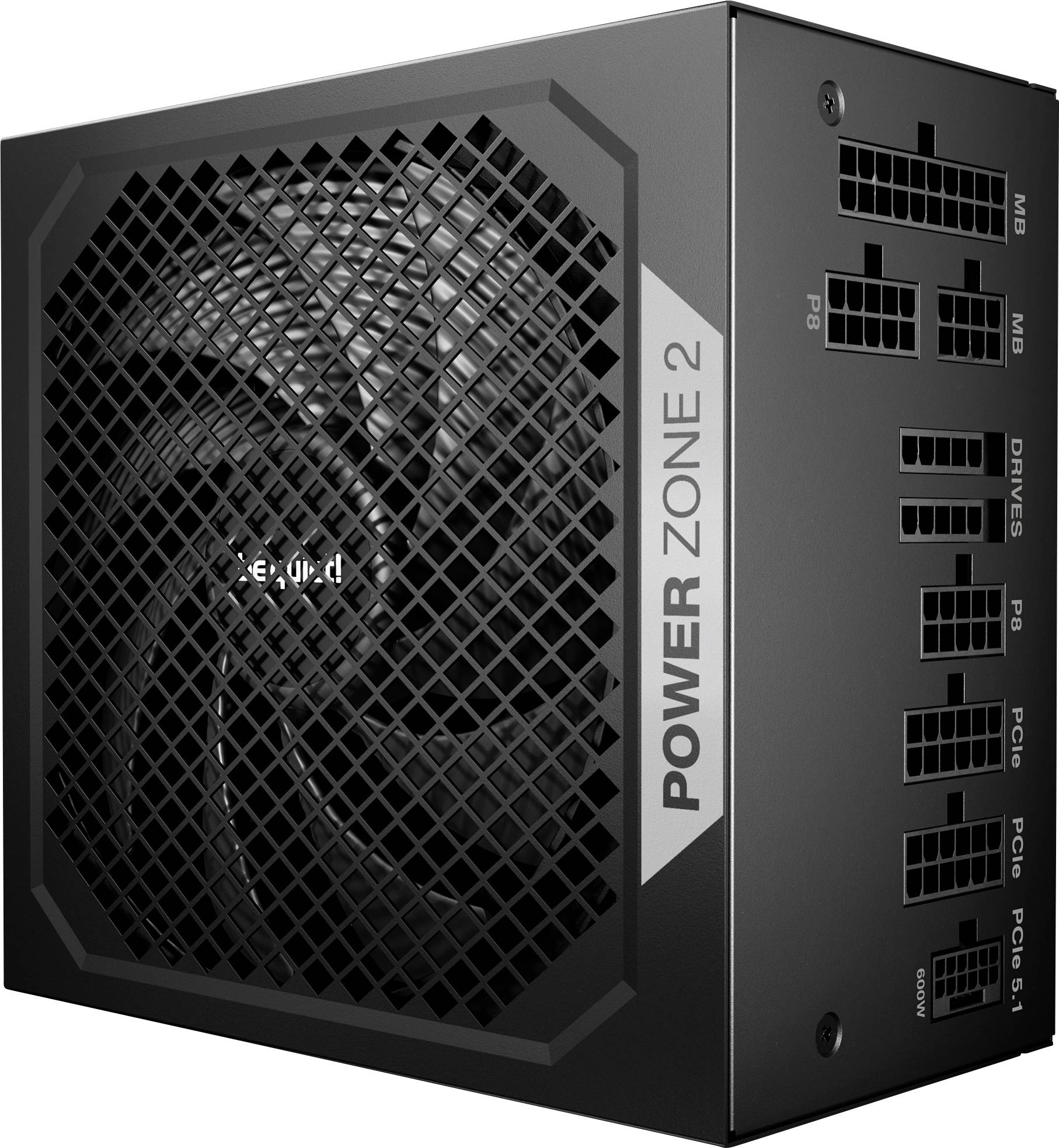 Černý počítačový zdroj s ventilátorem a několika kabelovými konektory na jedné straně, s nápisem 'Power Zone 2'.