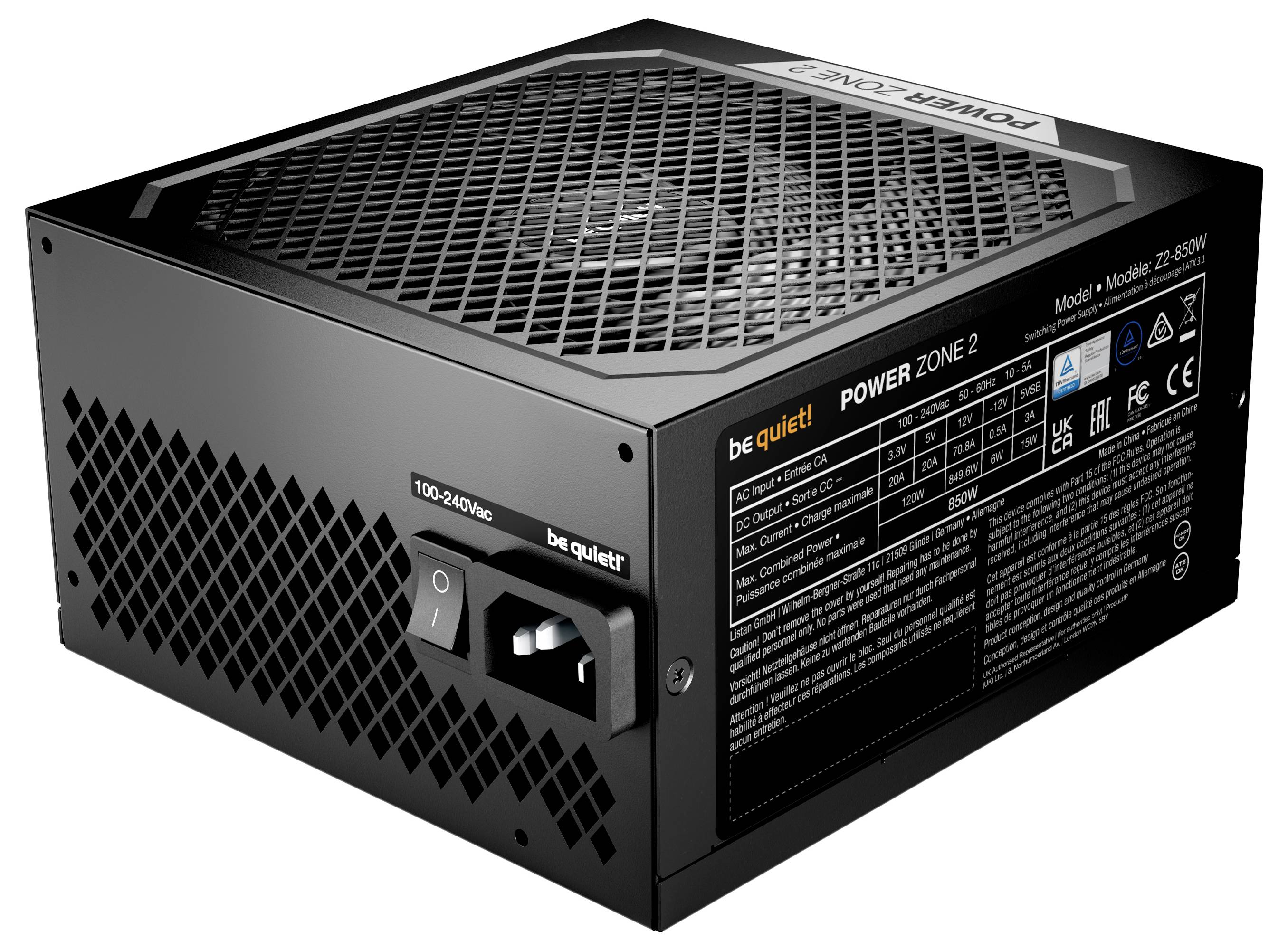 Černý napájecí zdroj Be Quiet! Power Zone 2 s větracím mřížováním a různými konektory; Model ZF550W, 550 Wattů, 110-240V.