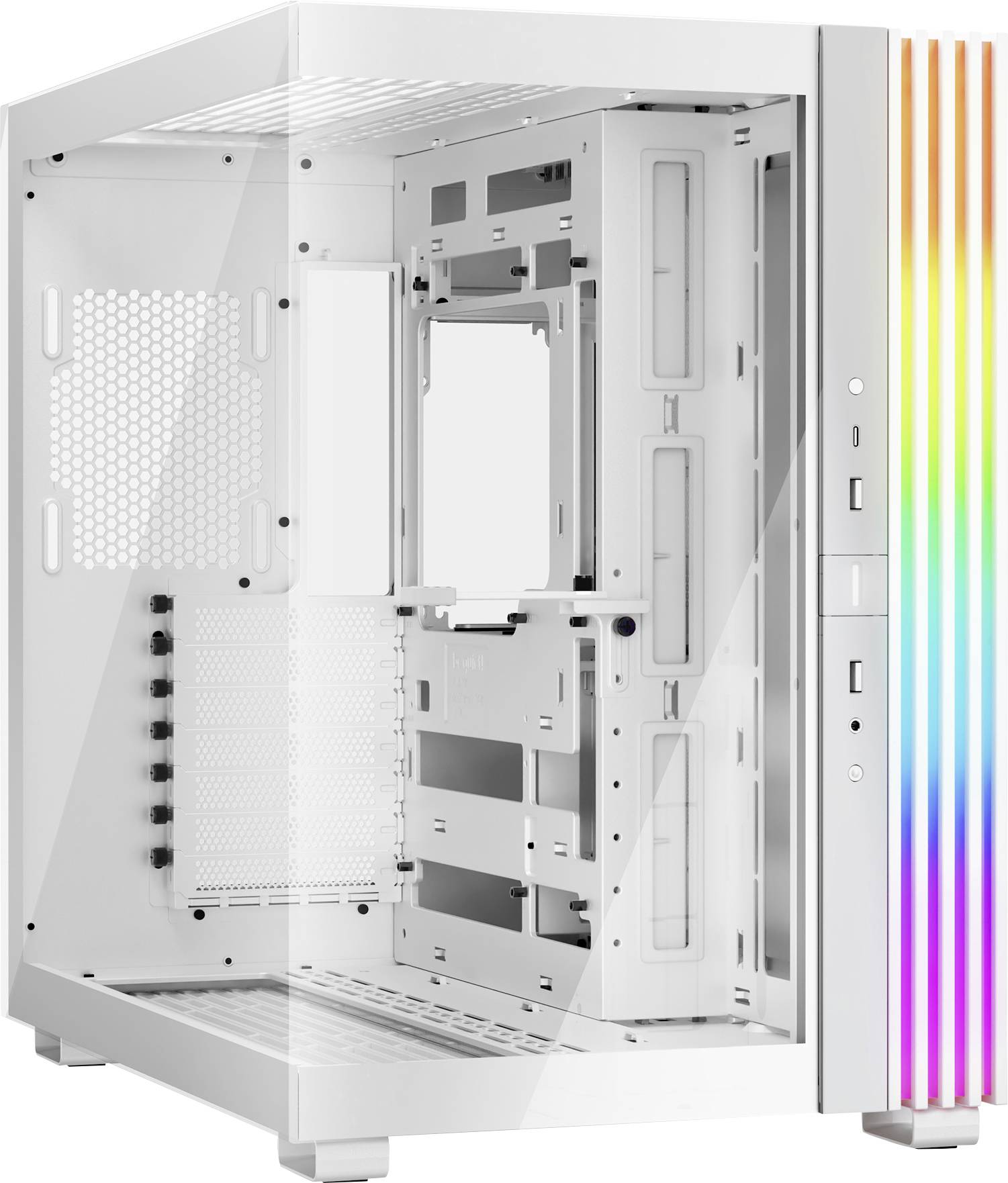 Bílá počítačová skříň s proskleným krytem a vertikálními RGB světelnými pruhy na přední straně, prázdná a otevřená pro montáž.