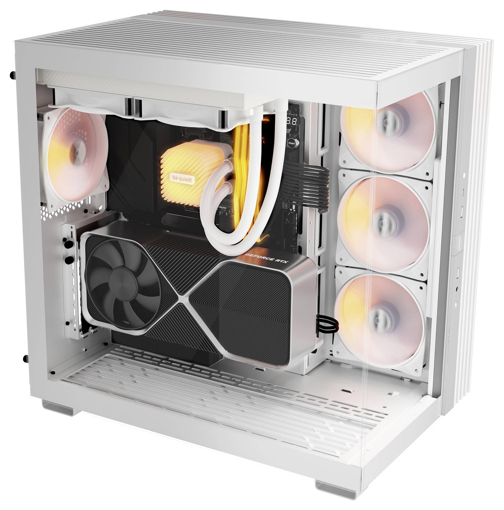 Bílý počítačový case s průhlednou boční stěnou ukazuje výkonnou grafickou kartu, RGB podsvícené ventilátory a vodní chlazení.