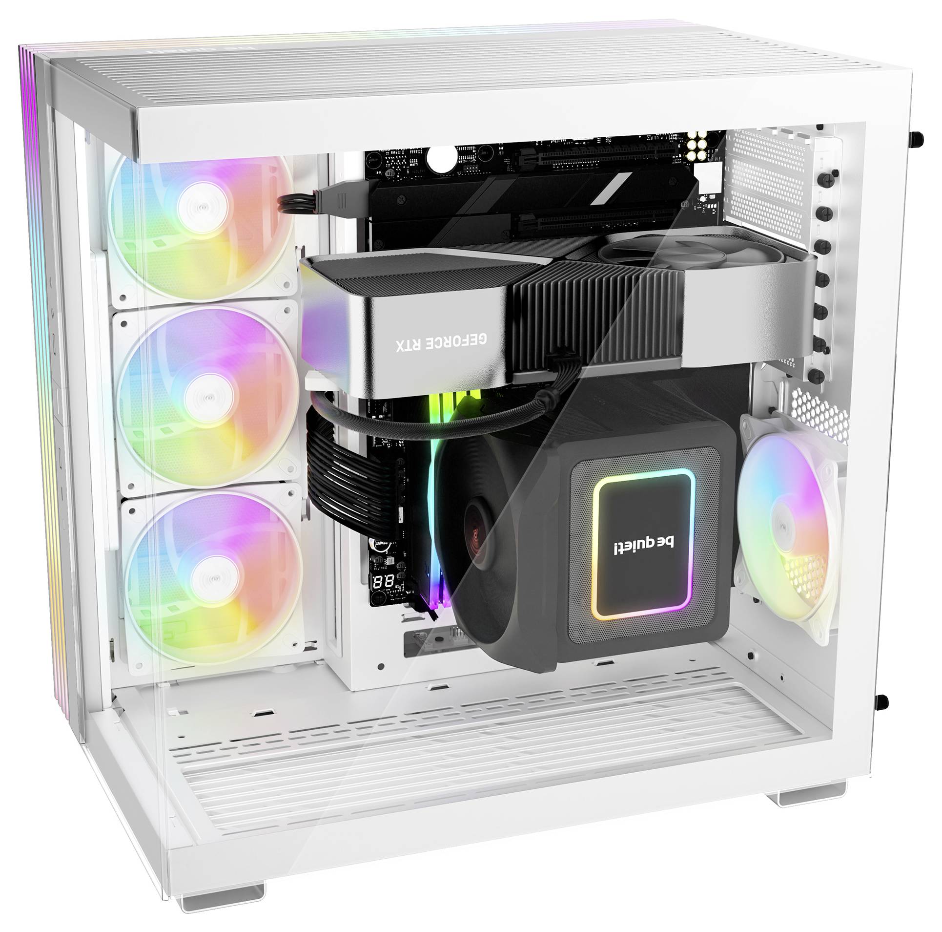 Počítačová skříň s RGB podsvícenými ventilátory, grafickou kartou, základní deskou a vodním chlazením. Komponenty viditelné přes boční průhledný panel.