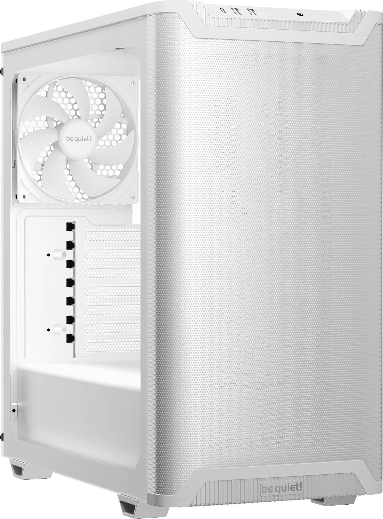 Bílý počítačový kryt s bočním ventilátorem, přímočarým designem a perforacemi pro optimální větrání.