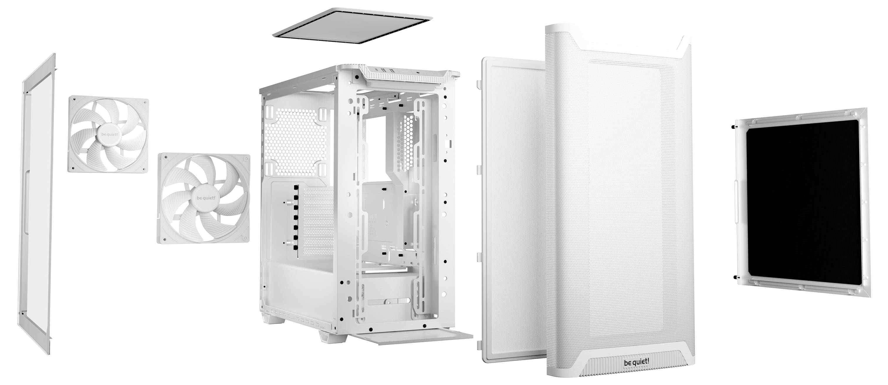 Bílý počítačový box od značky be quiet! s odnímatelným předním a bočním krytem, vybavený dvěma ventilátory a prachovým filtrem, zobrazený samostatně.