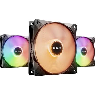 Tři počítačem řízené ventilátory s RGB podsvícením a logem 'be quiet!', které svítí v různých barvách, určené pro chlazení.