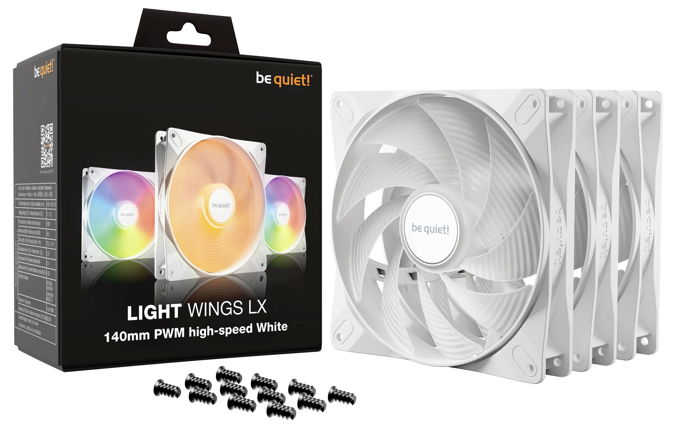 Sada počítačových ventilátorů s RGB podsvícením a montážním příslušenstvím. Viditelný je název značky 'be quiet!'. Obal ukazuje produkt v akci.
