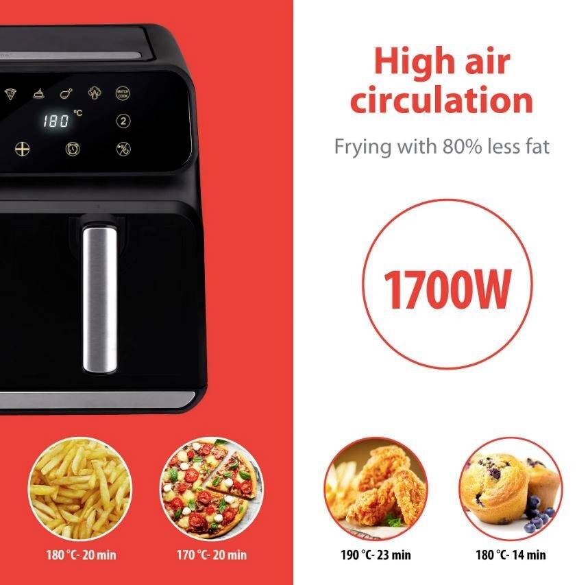 Horkovzdušná fritéza s vysokou cirkulací vzduchu, výkon 1700W. Vlevo menu displej. Vpravo příkladné časy: Hranolky 20 min, Kuře 23 min.