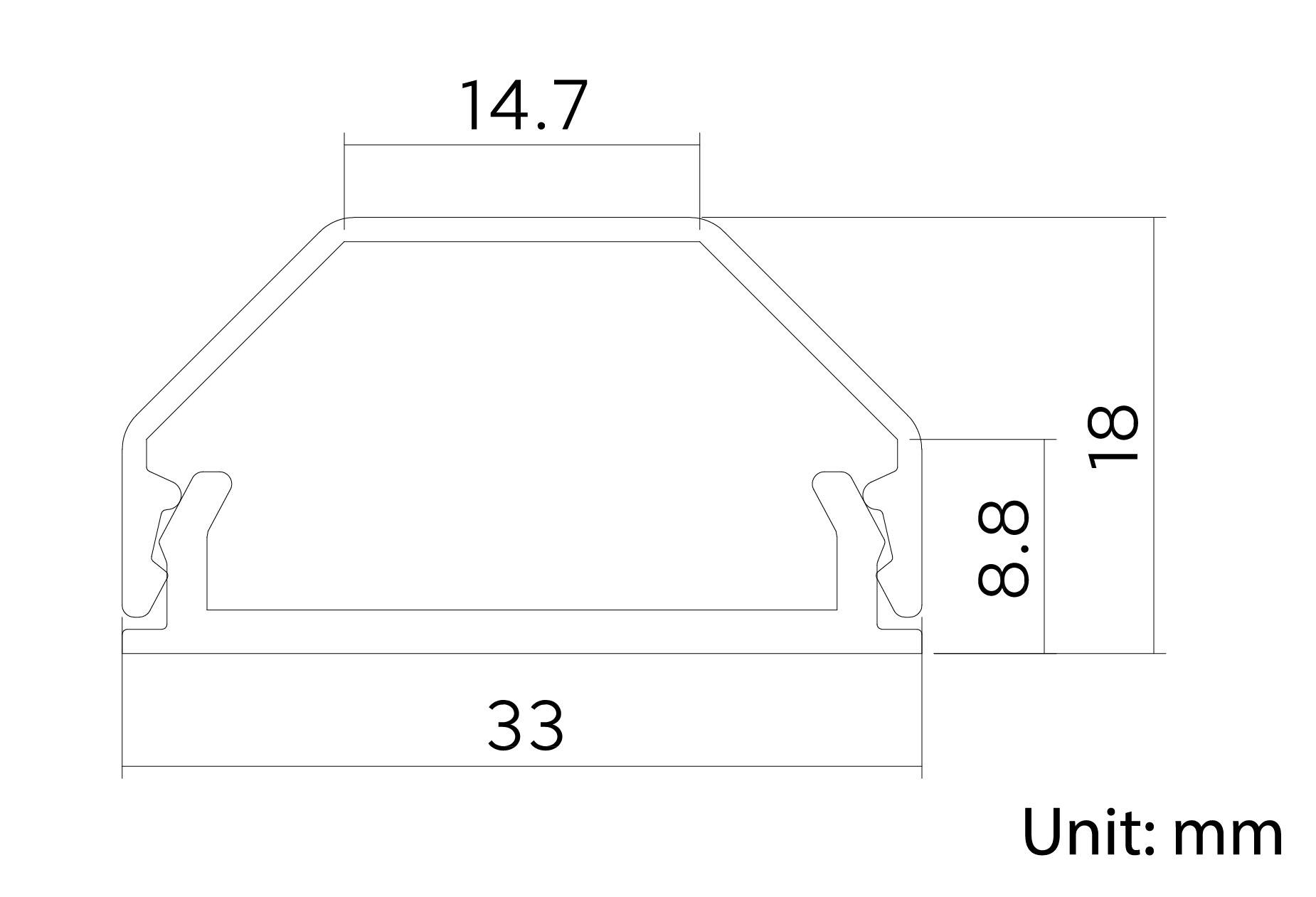 Příčný řez hliníkového profilu s rozměry: šířka 33 mm, výška 14,7 mm, se dvěma vnitřními výškami 8,8 mm a 18 mm. Jednotka měření: mm.