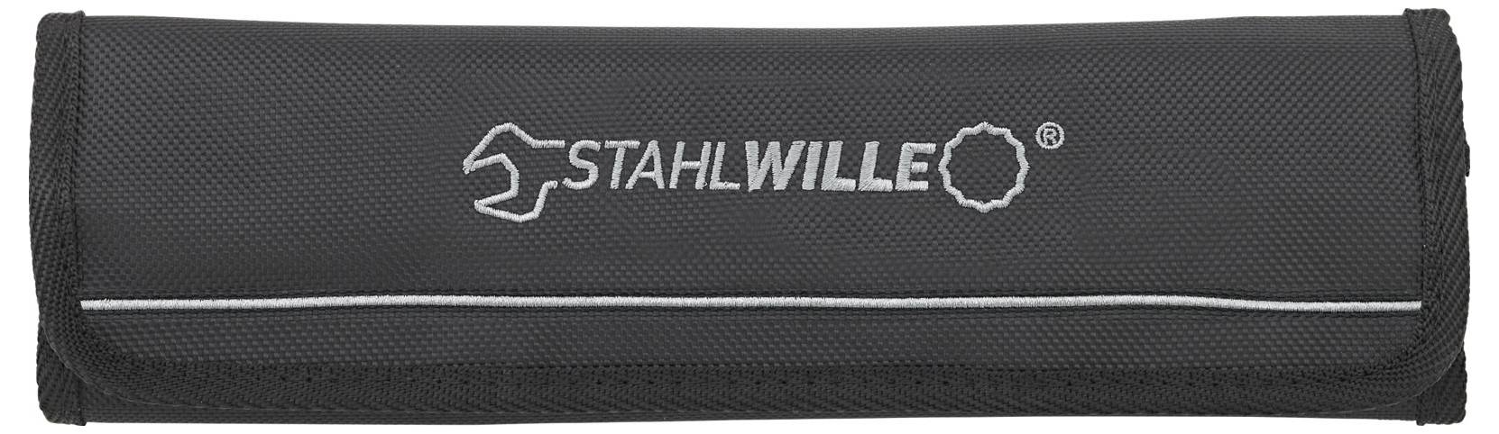 Černé pouzdro s logem "STAHLWILLE", pravděpodobně určené pro uložení nářadí, s vyšitým nápisem a symbolem.