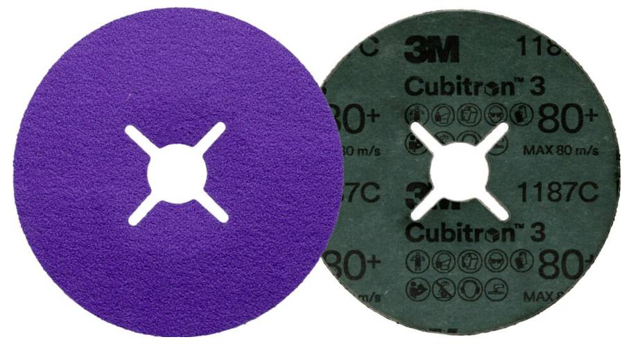 '3M Cubitron II' řezný kotouč: Fialový brusný povrch vpředu, černá zadní strana zobrazuje specifikace '80+'.