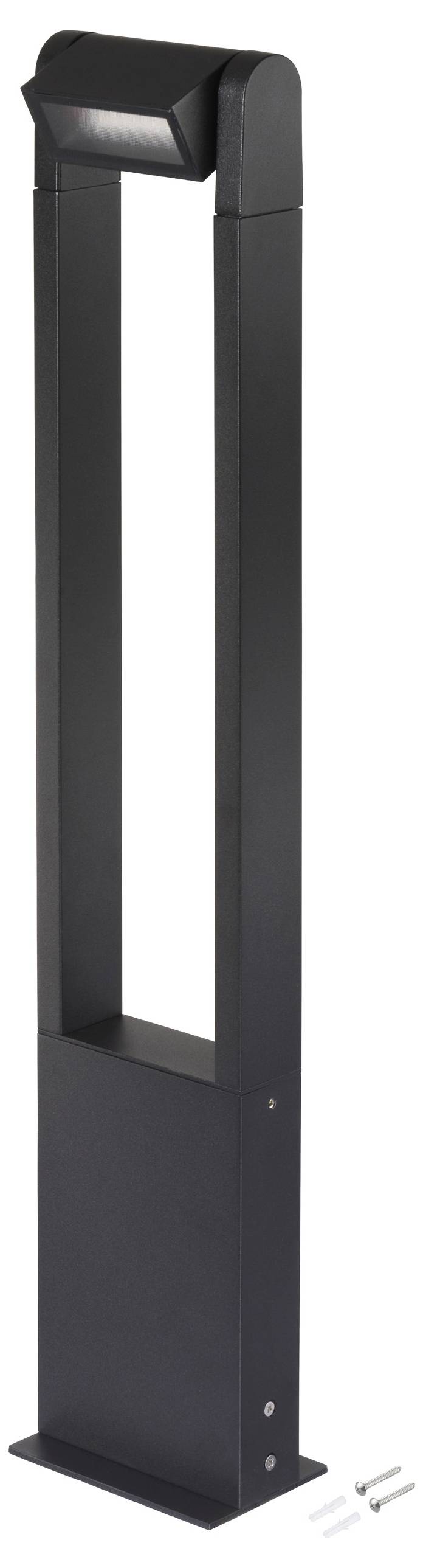 Vysoké, moderní venkovní sloupkové osvětlení v černé barvě s obdélníkovým designem. Obsahuje montážní šrouby v základně.