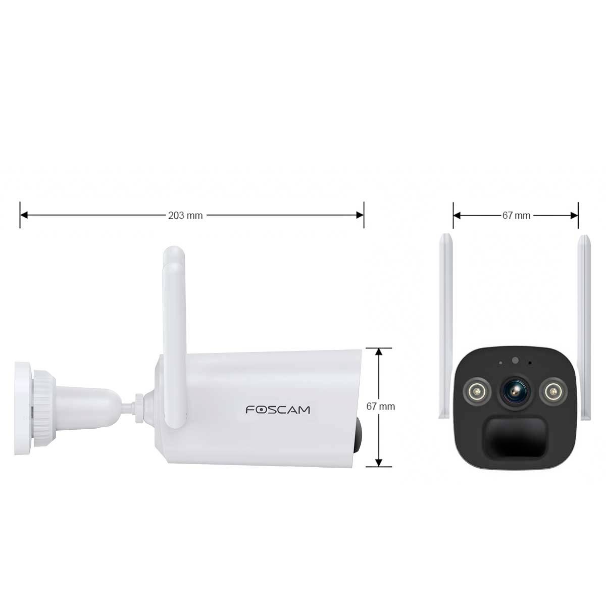 Obrázek zobrazuje bezpečnostní kameru Foscam s anténami. Rozměry: délka 203 mm, šířka 67 mm, výška 67 mm.