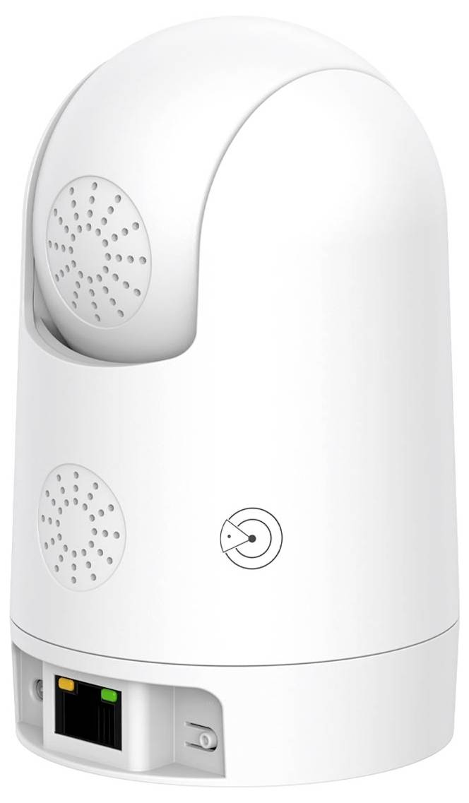 Bílá WiFi kamera s otočnou hlavou, větrací mřížkou a konektory na spodní straně pro síťové a napájecí připojení.