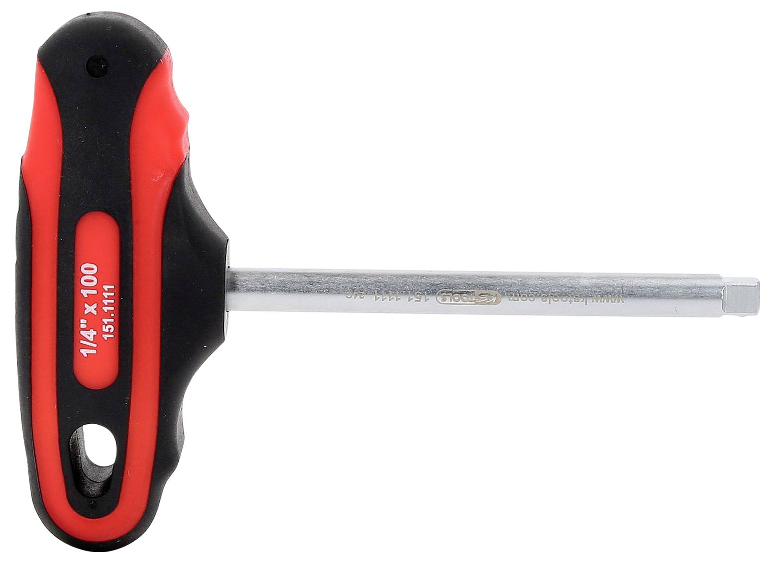Trubkový nástrčný klíč s T-rukojetí, černý a červený, kovový, délka čepele 100 mm, vhodný pro šrouby s 1/4palcovou hlavou.