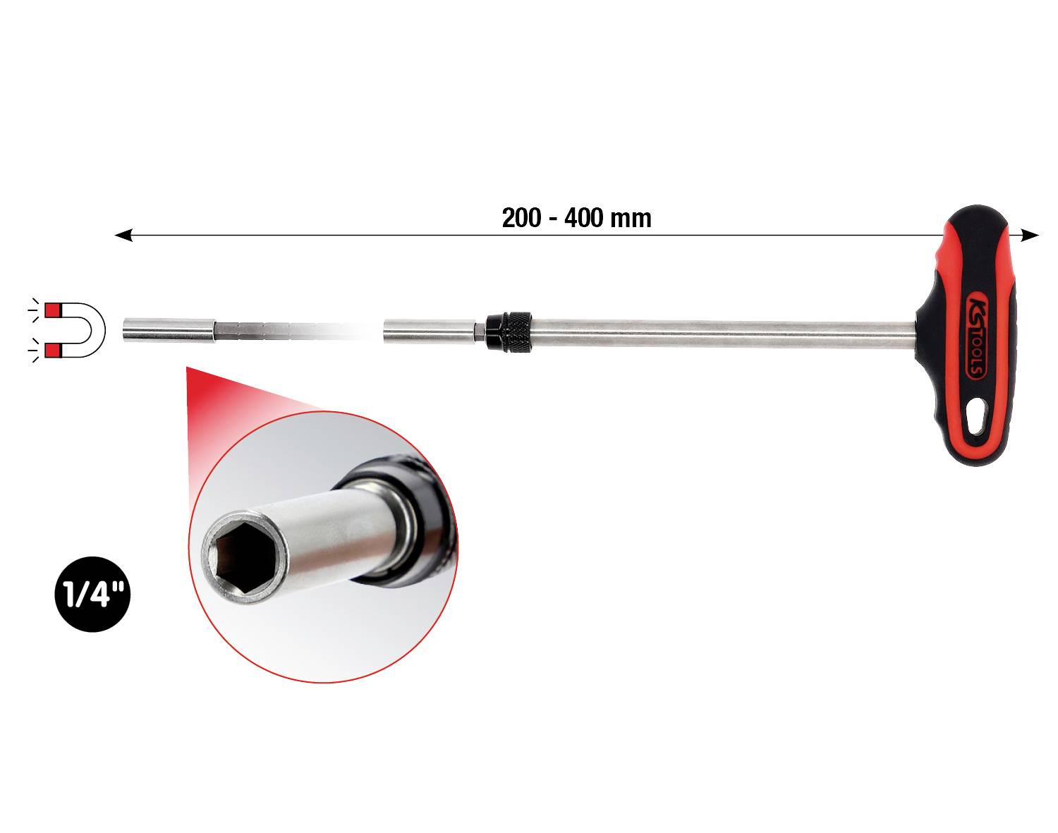 Teleskopický magnetický šroubovák s T-rukojetí, nastavitelný v délce od 200 do 400 mm. Disponuje hlavicí velikosti 1/4 palce s magnetickým hrotem.
